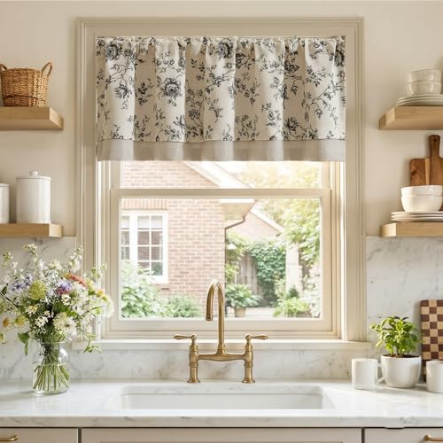 jinchan Amlie Floral Linen Valance Curtain Farmhouse Kitchen Valance for Living Room Laundry Light Filtering Double Layer Cottagecore Window Treatment Rod Pocket 1 Panel 16 Inch Charcoal on Linen - Image 3