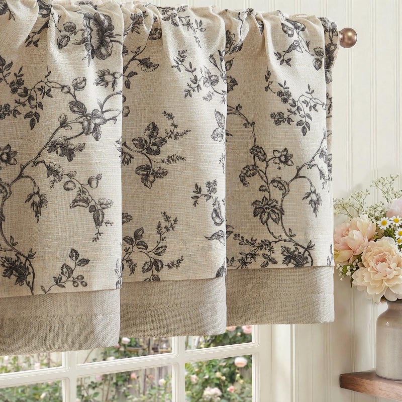 jinchan Amlie Floral Linen Valance Curtain Farmhouse Kitchen Valance for Living Room Laundry Light Filtering Double Layer Cottagecore Window Treatment Rod Pocket 1 Panel 16 Inch Charcoal on Linen - Image 2