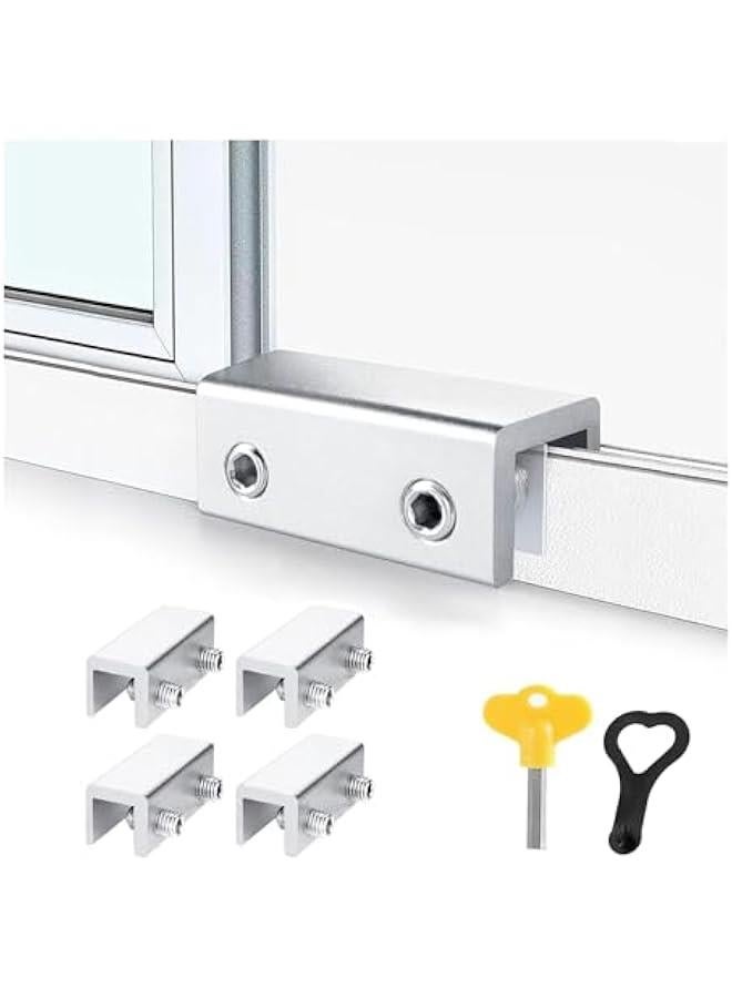 HOOKOR Window Locks,Sliding Window Locks with Key for Vertical & Horizontal Sliding Windows Doors,Adjustable Security Window Lock for Patio Bedroom Home and Office (Silver, 4Set - Double Holes)  - Image 1