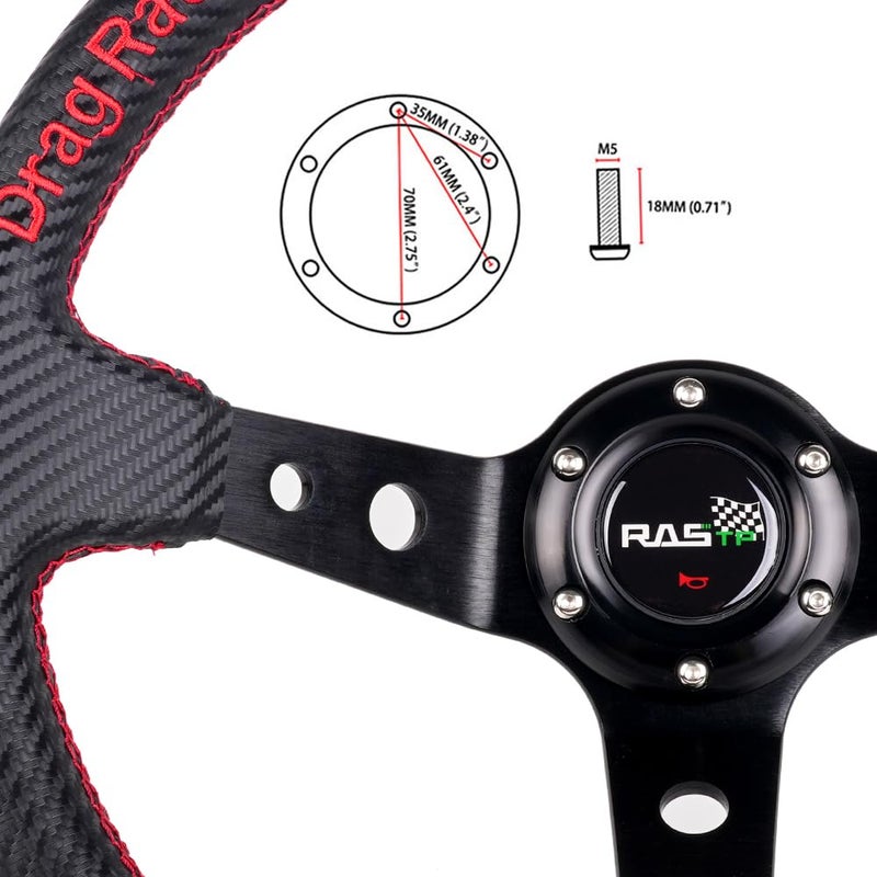 RASTP Deep Dish Carbon Fiber Racing Wheel, 345mm 6-Bolt Universal Steering Wheel - Image 4