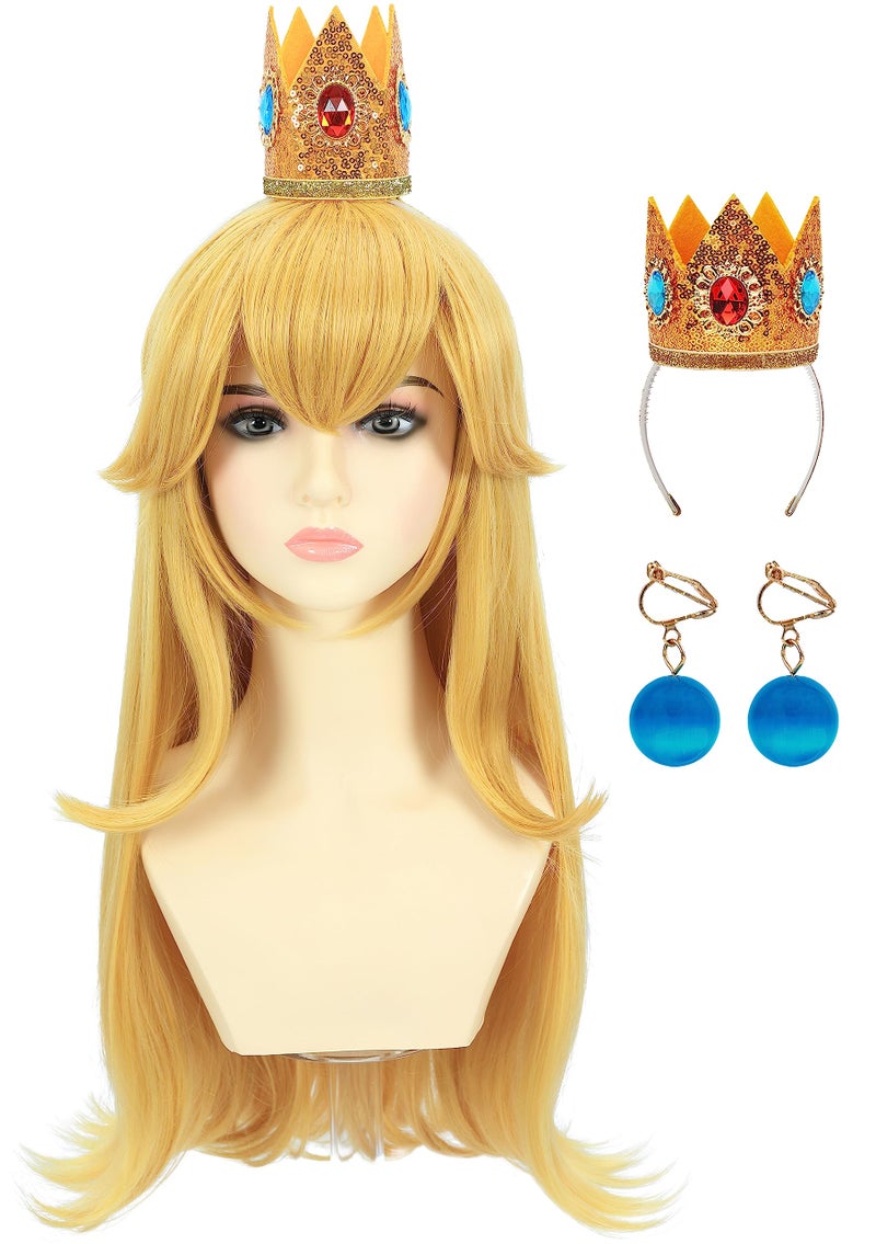 morvally Blonde Princess Synthetic Hair Cosplay Wig with Crown and Earrings Long Wavy Costume Wig Set for Girls Halloween Party