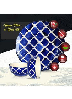 Pure Source India Pure Source India Handmade Royal Blue Dinner Set of 3 Pieces Ceramic Including Dinner Plate (10 inch) with Serving Bowl (4inch) (1 Piece Plate & 2 Piece Bowl, Microwave & Dishwasher Safe)  - Image 4