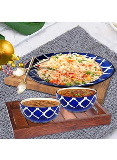 Pure Source India Pure Source India Handmade Royal Blue Dinner Set of 3 Pieces Ceramic Including Dinner Plate (10 inch) with Serving Bowl (4inch) (1 Piece Plate & 2 Piece Bowl, Microwave & Dishwasher Safe)  - Image 2