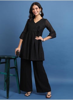 Ketch Floral Embroidered Sequin Detail A-Line Kurti by Styli  - Image 4