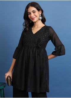 Ketch Floral Embroidered Sequin Detail A-Line Kurti by Styli  - Image 1