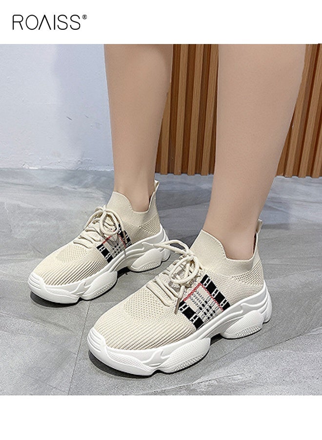 رويس أحذية أنيقة سميكة للنساء، أحذية رياضية منخفضة الرقبة للسيدات، أحذية رياضية خفيفة الوزن ومسامية مع جزء علوي شبكي ونعل سميك مانع للانزلاق، مناسبة للارتداء اليومي والأنشطة الخارجية - Image 2