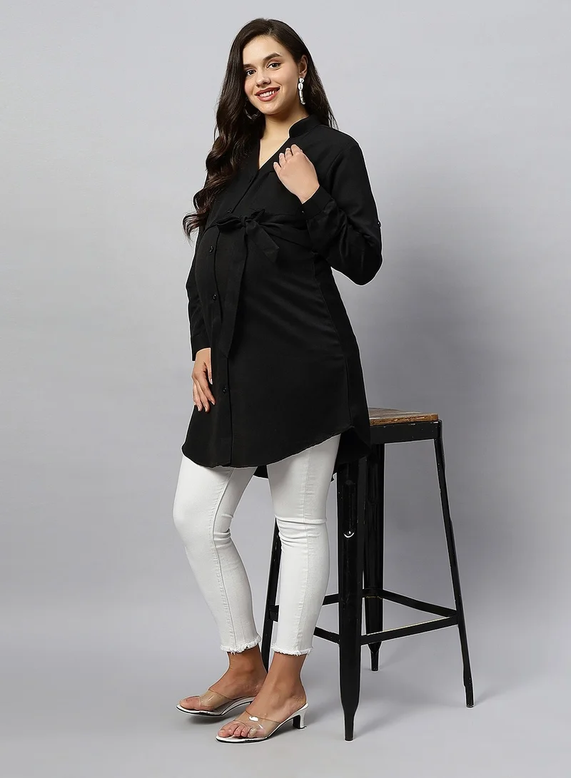 TUMMY Oversized Black Cotton Shirt for Women, Solid Pattern, Spread Collar & with Drawstring