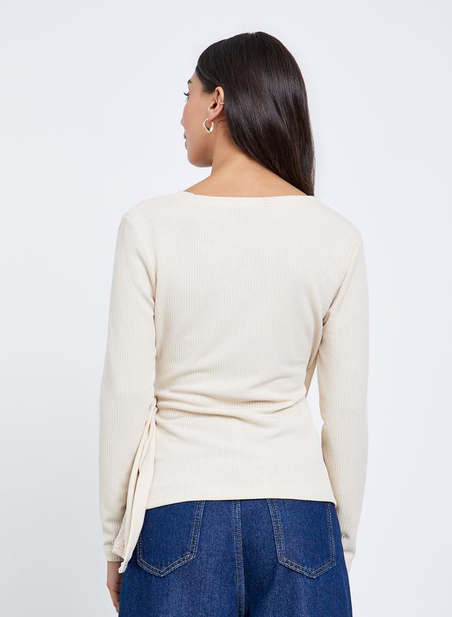 Styli Beige Ribbed Wrap Top with Tie Detail - Image 4