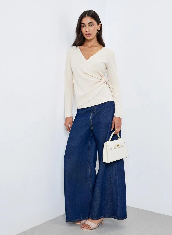 Styli Styli Beige Ribbed Wrap Top with Tie Detail