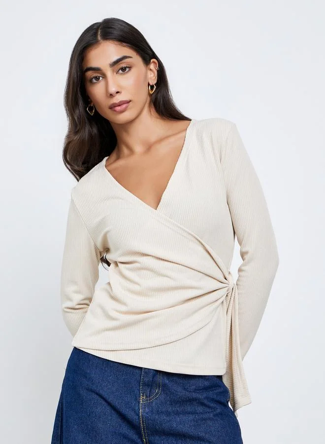 Styli Styli Beige Ribbed Wrap Top with Tie Detail