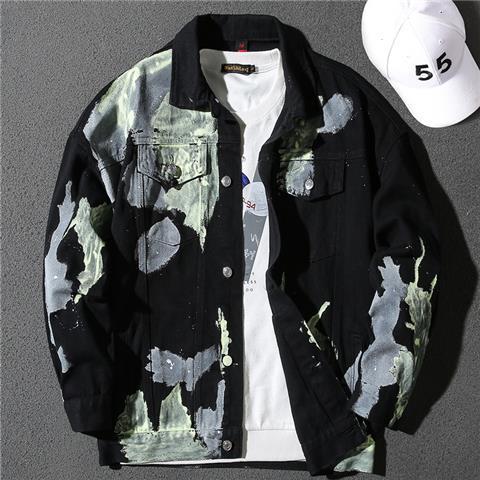 Generic Handsome Spring and Autumn New Hand-painted Splash Ink Graffiti Denim Jacket Mens Trendy Brand Korean Loose Motorcycle Jacket Mens Jacket A39 black + Green denim jacket 