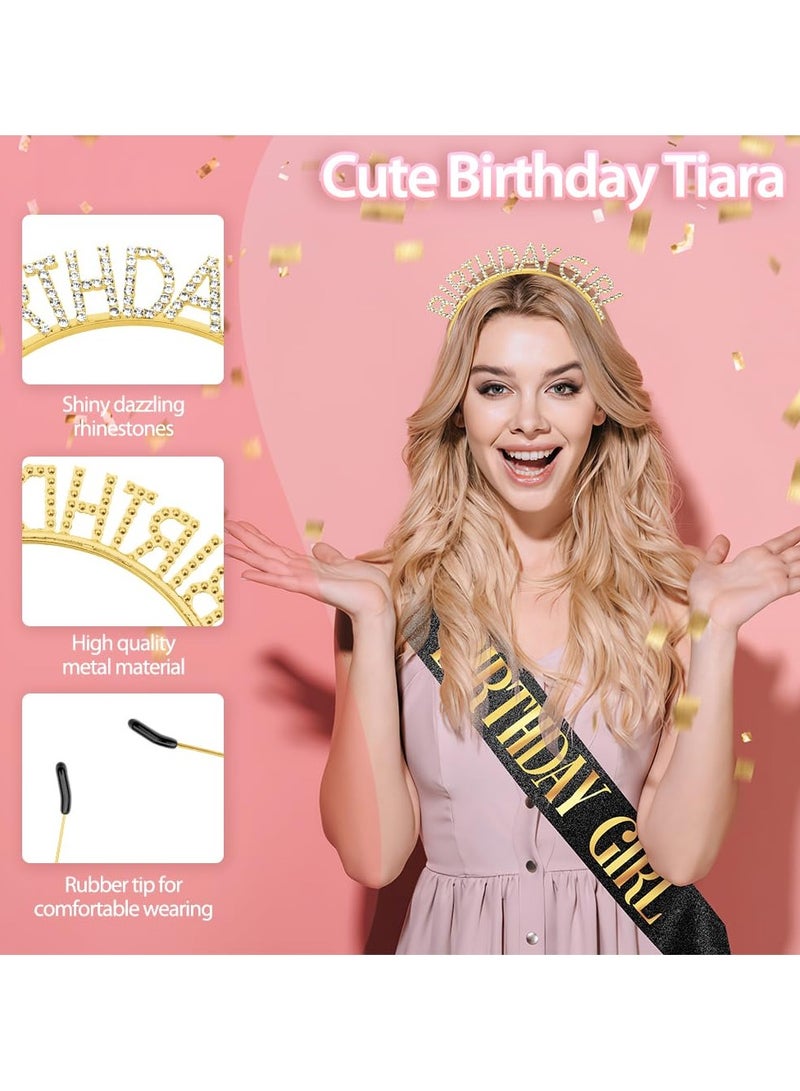 HIHILOOK Birthday Crown Birthday Sash for Women, Birthday Girl Sash, Birthday Girl Crown, Glitter Black Birthday Sash and Crown Rhinestone Headband Set, Happy Birthday Girl Princess Tiara Sash Accessories  - Image 2