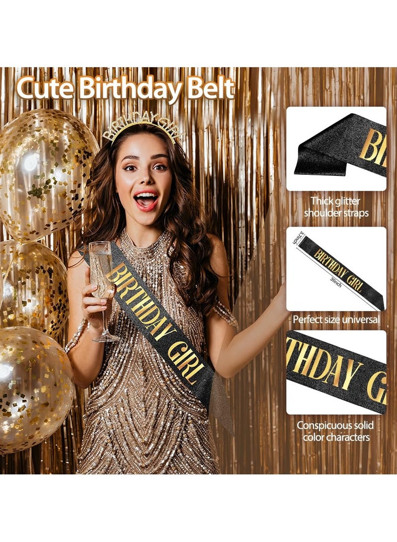 HIHILOOK Birthday Crown Birthday Sash for Women, Birthday Girl Sash, Birthday Girl Crown, Glitter Black Birthday Sash and Crown Rhinestone Headband Set, Happy Birthday Girl Princess Tiara Sash Accessories  - Image 3