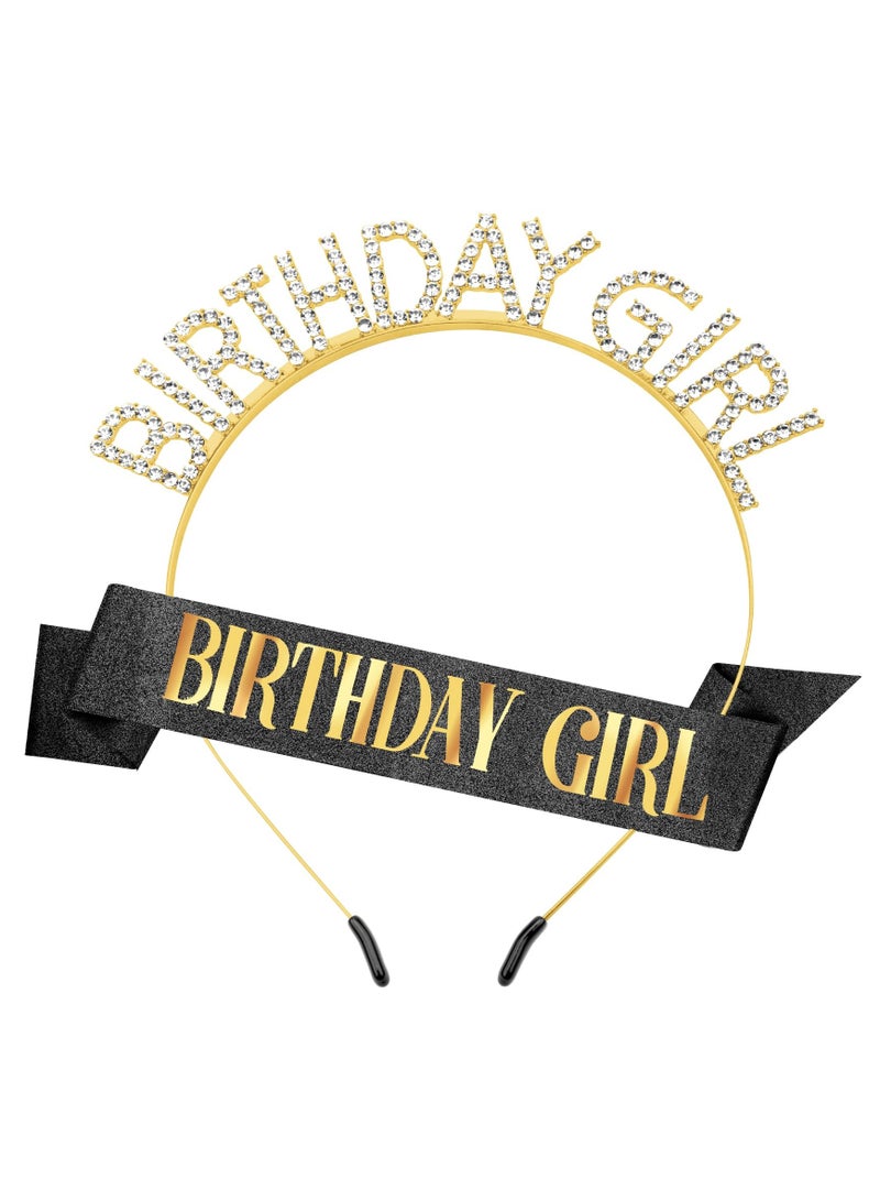 HIHILOOK Birthday Crown Birthday Sash for Women, Birthday Girl Sash, Birthday Girl Crown, Glitter Black Birthday Sash and Crown Rhinestone Headband Set, Happy Birthday Girl Princess Tiara Sash Accessories  - Image 1