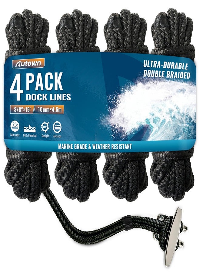 AUTOWN 4 Pack 3/8" x 15' Boat Dock Lines, Premium Marine-Grade Double Braided Nylon Dock Line, High Strength Boat Rope for Docking with 12" Loop, Easy Handling, Black - Image 1