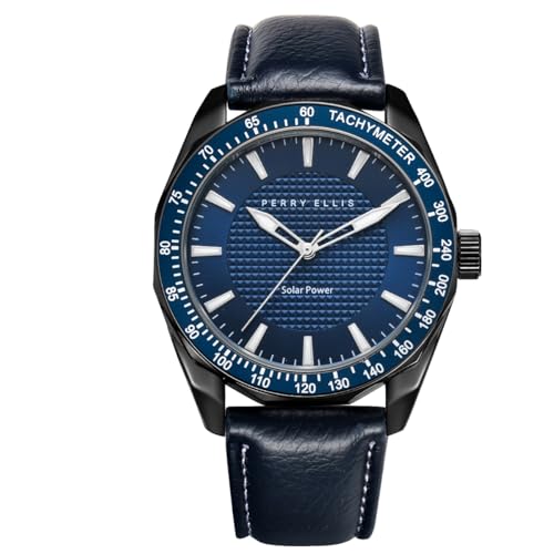 Perry Ellis Solar Powered Mens Watch | Vegan Leather Water-Resistant Analog Wrist Watches for Men | 42mm Case | Aluminum Tachymeter Bezel | Elegant Gift for Man (Navy) - Image 1