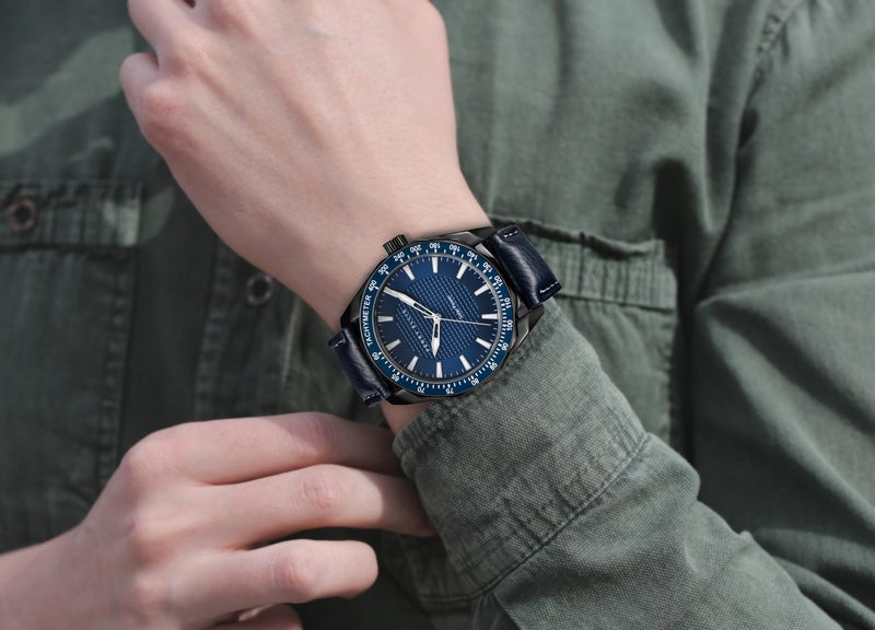 Perry Ellis Solar Powered Mens Watch | Vegan Leather Water-Resistant Analog Wrist Watches for Men | 42mm Case | Aluminum Tachymeter Bezel | Elegant Gift for Man (Navy) - Image 2