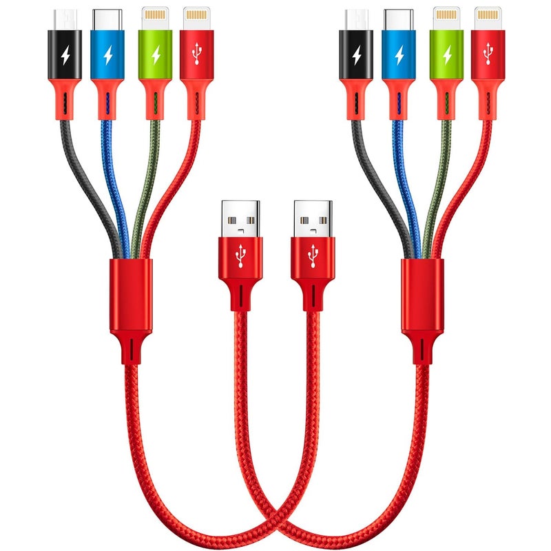 Minlu Short Multi Charging Cable, 1Ft/2Pack Multi Charging Cord, 4 in 1 Multiple USB Charger Cable,Fast Charging with IP/Type C/Micro USB Ports for Cell Phones/iPhone Series/Tablets/Galaxy/PS and More - Image 1