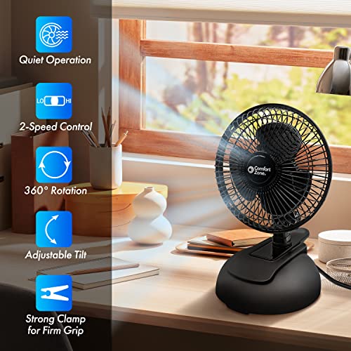 Comfort Zone Personal Clip or Desk Fan with Removable Base, Portable, Mini Bedroom Fan, 6 inch, 2 Speed, Strong Clamp, Firm Grip, Airflow 6.53 ft/sec, Ideal for Home, Bedroom, Dorm & Office, CZ6XMBK - Image 3