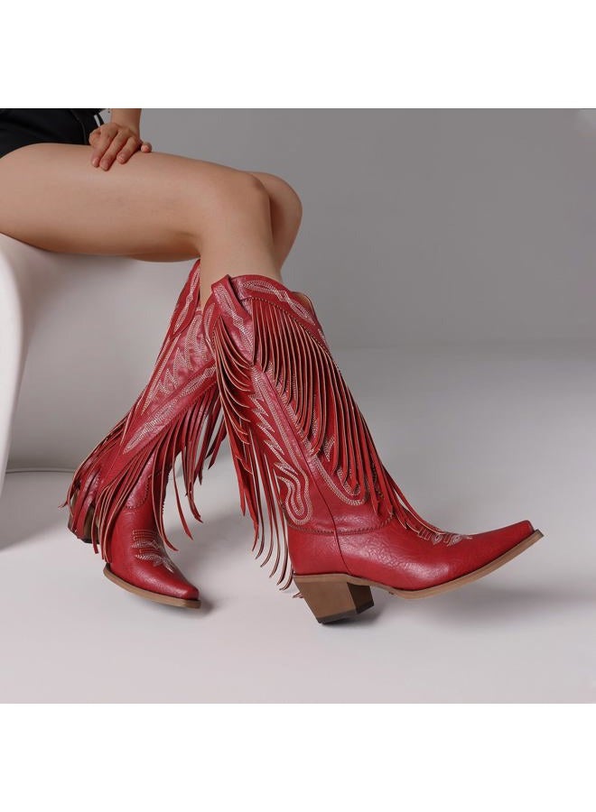 Mattiventon Cowboy Boots for Women Fringe Knee High Cowgirl Western Boots with Classic Embroidery Pointed Toe Chunky Heel for Weddings Parties, Red, 8 - Image 3