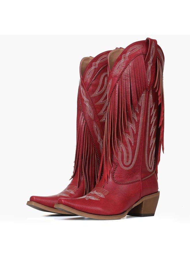 Mattiventon Cowboy Boots for Women Fringe Knee High Cowgirl Western Boots with Classic Embroidery Pointed Toe Chunky Heel for Weddings Parties, Red, 8 - Image 2