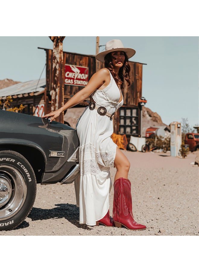 Mattiventon Cowboy Boots for Women Fringe Knee High Cowgirl Western Boots with Classic Embroidery Pointed Toe Chunky Heel for Weddings Parties, Red, 8 - Image 5