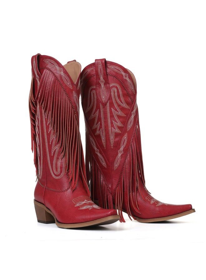 Mattiventon Cowboy Boots for Women Fringe Knee High Cowgirl Western Boots with Classic Embroidery Pointed Toe Chunky Heel for Weddings Parties, Red, 8 - Image 1