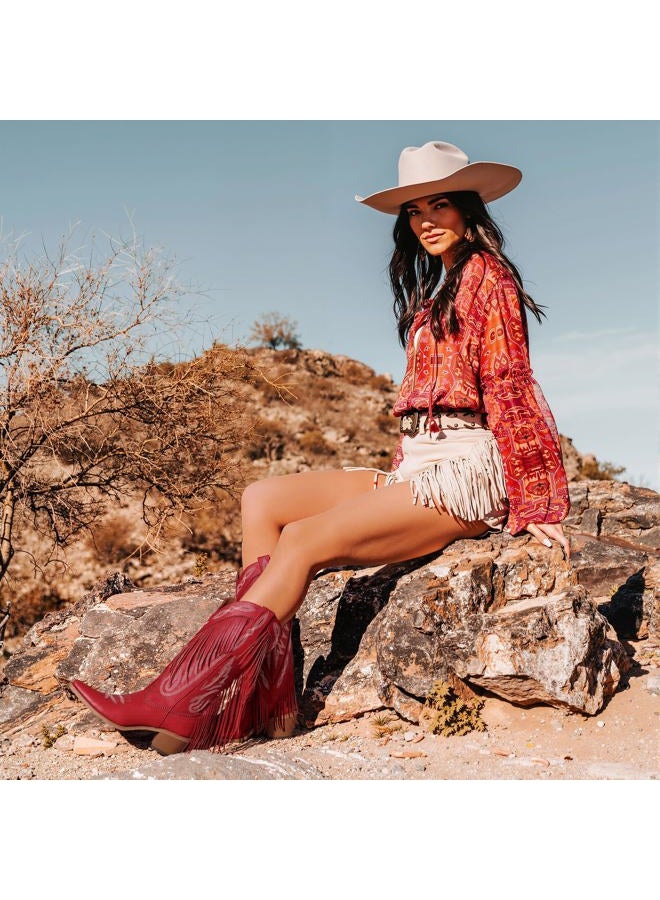 Mattiventon Cowboy Boots for Women Fringe Knee High Cowgirl Western Boots with Classic Embroidery Pointed Toe Chunky Heel for Weddings Parties, Red, 8 - Image 4