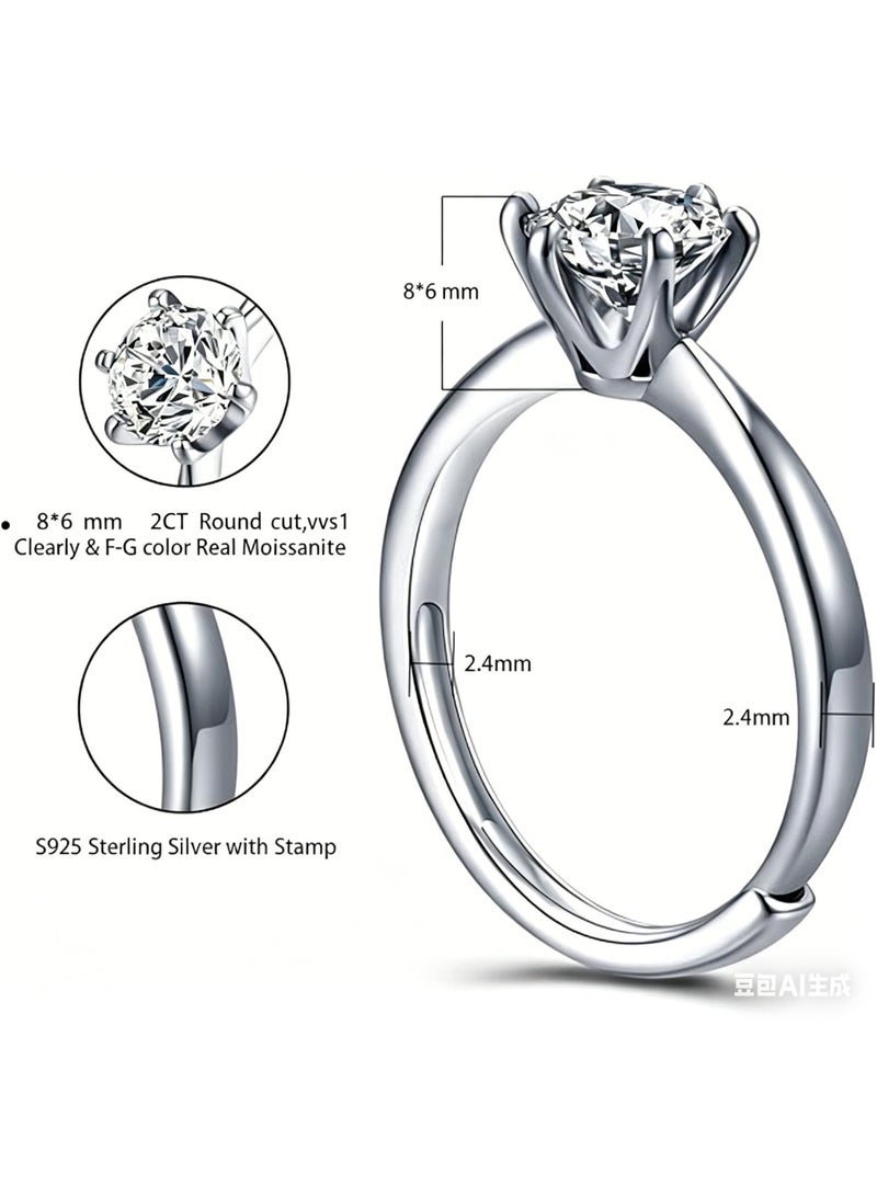 حقل خاتم نسائي من مويسانيت بقيراطين، خاتم زفاف، خاتم خطوبة، مطلي بالروديوم من الفضة الإسترلينية S925، مقاس قابل للتعديل، صندوق هدايا فاخر، لون D ودرجة نقاء VVS1 - Image 3