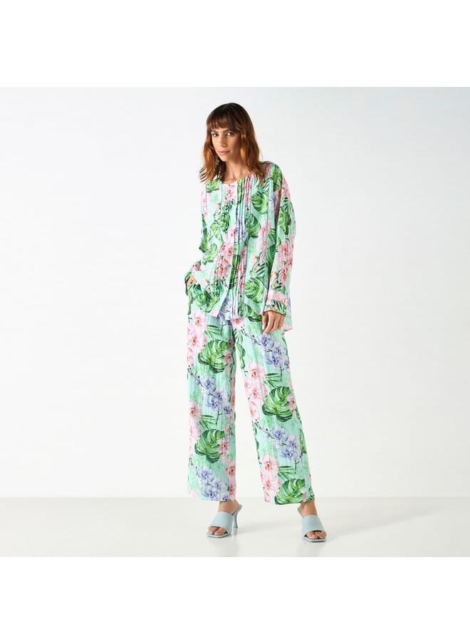 Iconic - Iconic All-Over Tropical Print Top with Long Sleeves and Pintuck Detail - Image 1