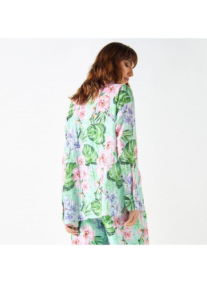 Iconic - Iconic All-Over Tropical Print Top with Long Sleeves and Pintuck Detail - Image 1