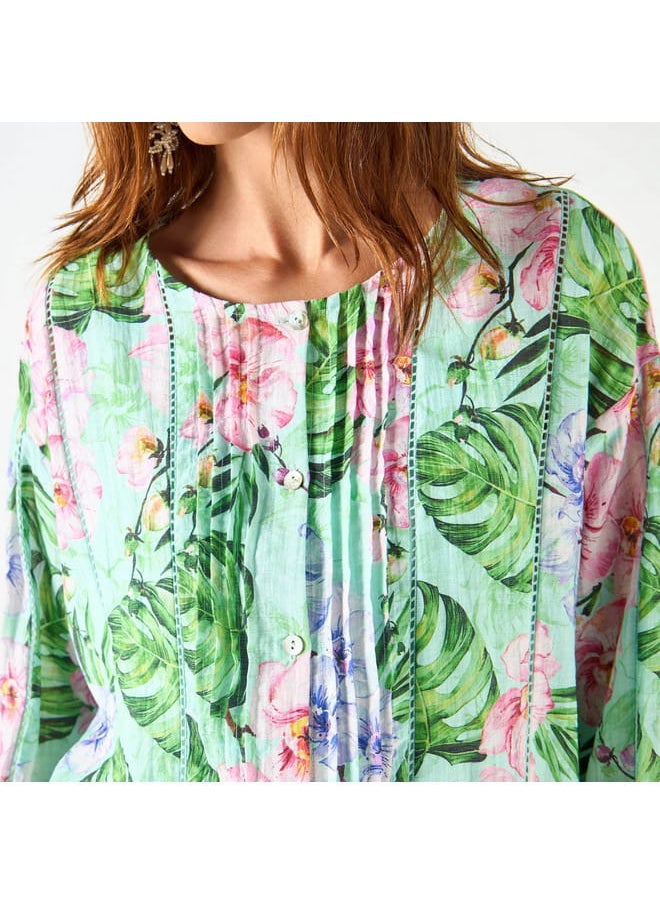 Iconic - Iconic All-Over Tropical Print Top with Long Sleeves and Pintuck Detail - Image 1