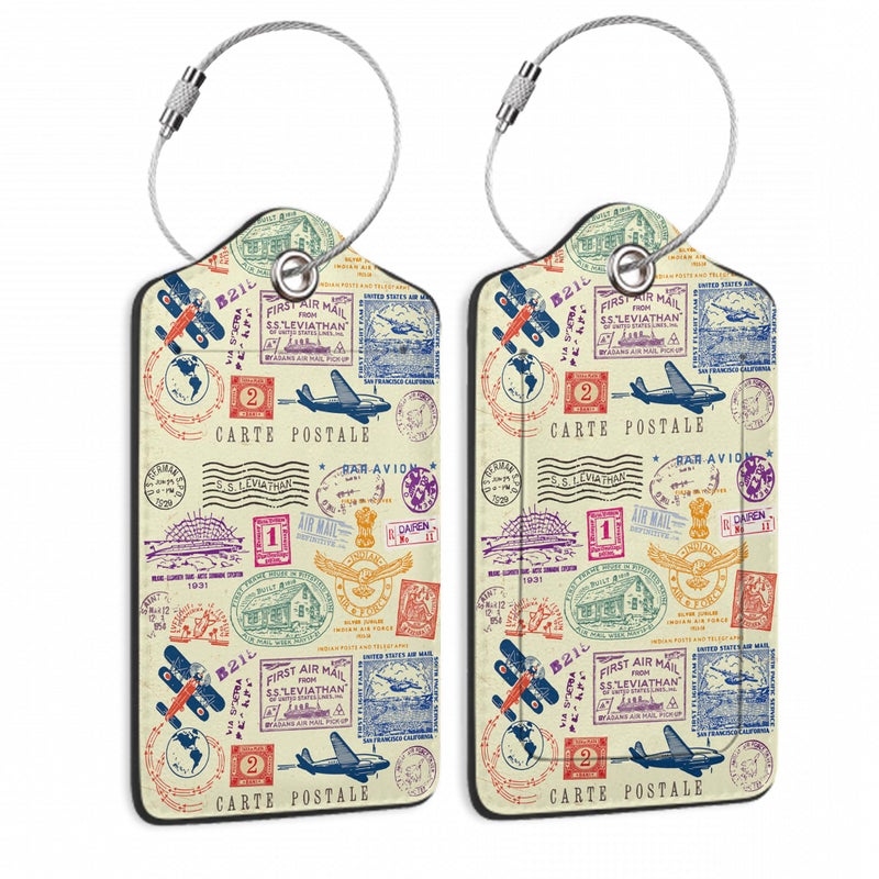 SKYDAWNY Travel Stamp Luggage Tags for Suitcase,2 Pack Retro Passport Carte Postale Luggage Tag Leather Privacy Cover ID Label with Stainless Steel Loop for Women Men Kids Girls - Image 1
