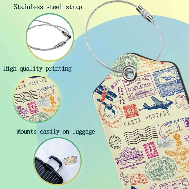 SKYDAWNY Travel Stamp Luggage Tags for Suitcase,2 Pack Retro Passport Carte Postale Luggage Tag Leather Privacy Cover ID Label with Stainless Steel Loop for Women Men Kids Girls - Image 4