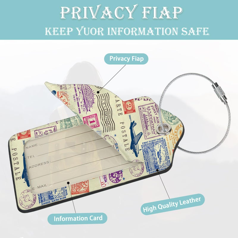 SKYDAWNY Travel Stamp Luggage Tags for Suitcase,2 Pack Retro Passport Carte Postale Luggage Tag Leather Privacy Cover ID Label with Stainless Steel Loop for Women Men Kids Girls - Image 2