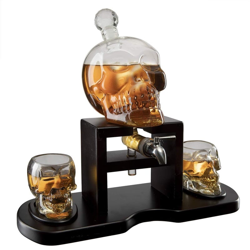 The Wine Savant Skull Skeleton Wine & Whiskey Decanter Set 750mL with 2 Skull Shot Glasses 3oz | Gothic Skeleton Barware on Mahogany Wooden Base with Spigot | Spooky Decor Drinkware & Unique Goth Gift Idea - Image 1