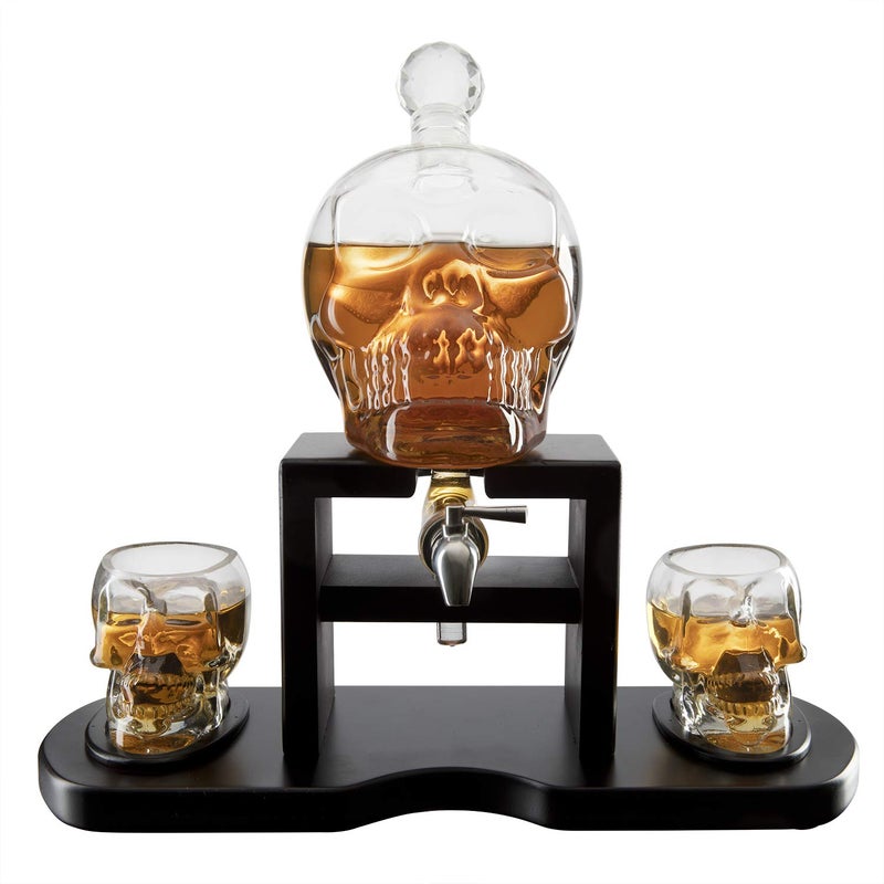 The Wine Savant Skull Skeleton Wine & Whiskey Decanter Set 750mL with 2 Skull Shot Glasses 3oz | Gothic Skeleton Barware on Mahogany Wooden Base with Spigot | Spooky Decor Drinkware & Unique Goth Gift Idea - Image 5
