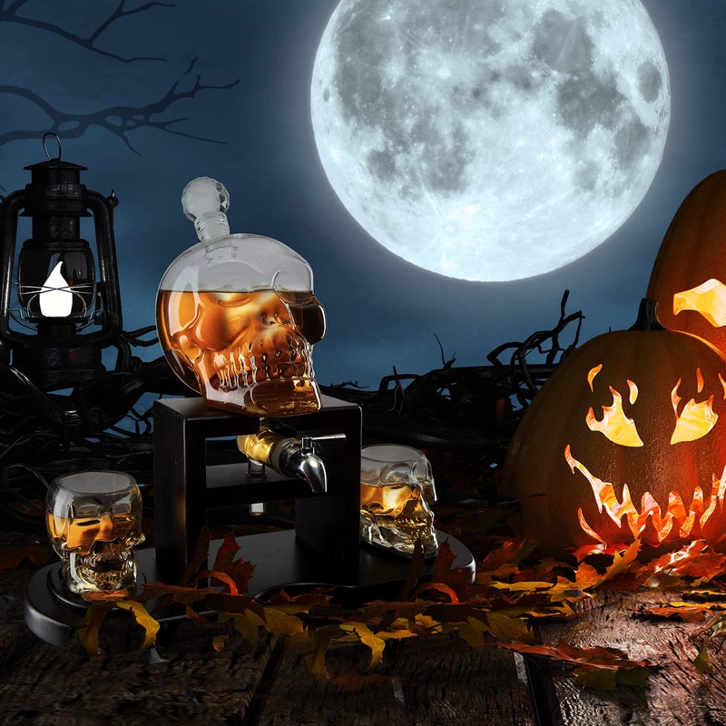 The Wine Savant Skull Skeleton Wine & Whiskey Decanter Set 750mL with 2 Skull Shot Glasses 3oz | Gothic Skeleton Barware on Mahogany Wooden Base with Spigot | Spooky Decor Drinkware & Unique Goth Gift Idea - Image 2