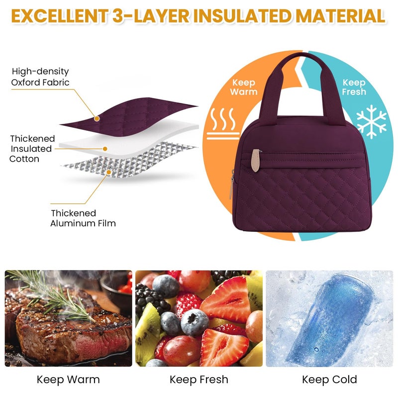 ELONGRIVER Insulated Lunch Bag for Women, Portable Lightweight Lunch Box for Adults, Reusable Small Lunch Tote Cooler Bags with Front Zipper Pocket for Work School Picnic(Wine Red) - Image 3