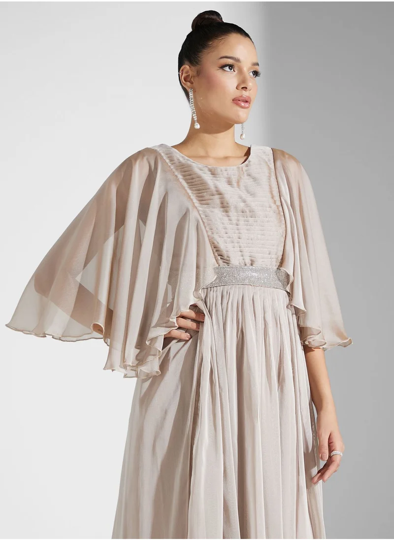 Iyra Ruffle Sleeve Embellished Waist Tiered Dress