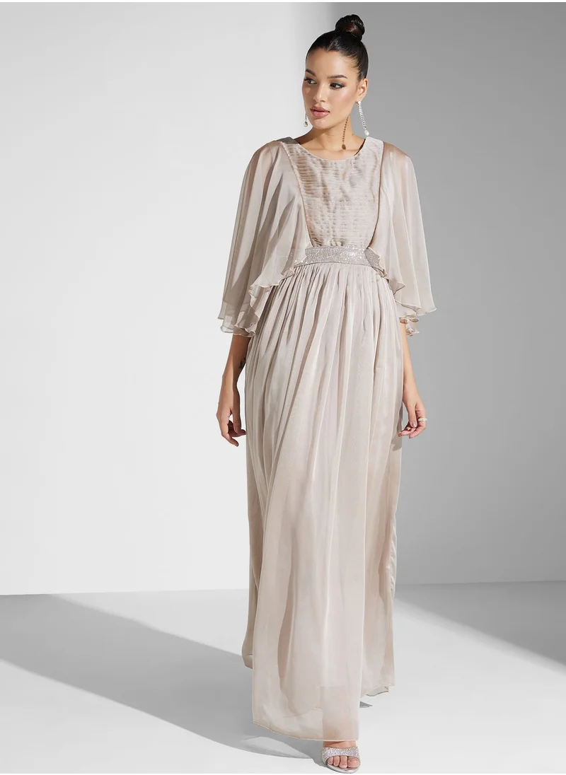 Iyra Ruffle Sleeve Embellished Waist Tiered Dress