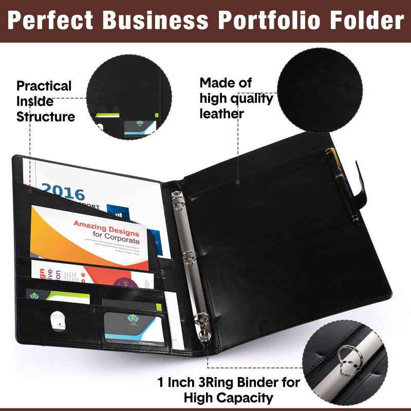 Eersida 2 Pcs Padfolio 3 Ring Leather Binder Business Portfolio Folder A4/ Letter Size for Organizer Documents Business Cards Conference Office Gifts Back to School for Men or Women (Black,Brown) - Image 4