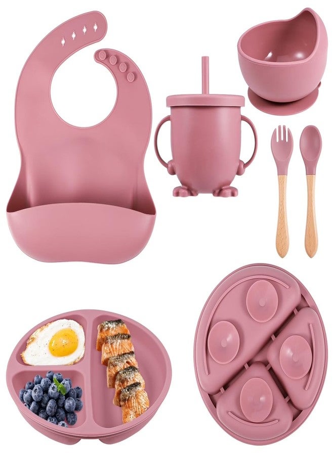 COOFANDY Silicone Baby Feeding Set 6 Pcs Pink Baby Dinner Set with Adjustable Bib, Suction Bowl, Divided Plate, Training Cup with Straw, Spoon & Fork | BPA Free Safe Toddler Utensils for Self Feeding - Image 1