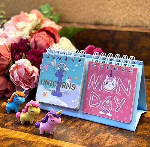 Tera13 TERA 13 (1 pcs) Unicorn Theme Desk Cale-ndar, Daily Date Universal Calendar, 12 Months Calen-dar for Kids Girls, Spiral Foldable Flip Calendar - Image 1
