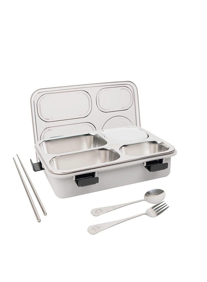 PRIME DEALS Lunch Box Sealed Leakage Proof Stainless Steel Lunch Box with Fork Chopstick&Spoon Lid Office Food Container for School Kids and Adults 750ml (Grey, 4 Compartment) - Image 1
