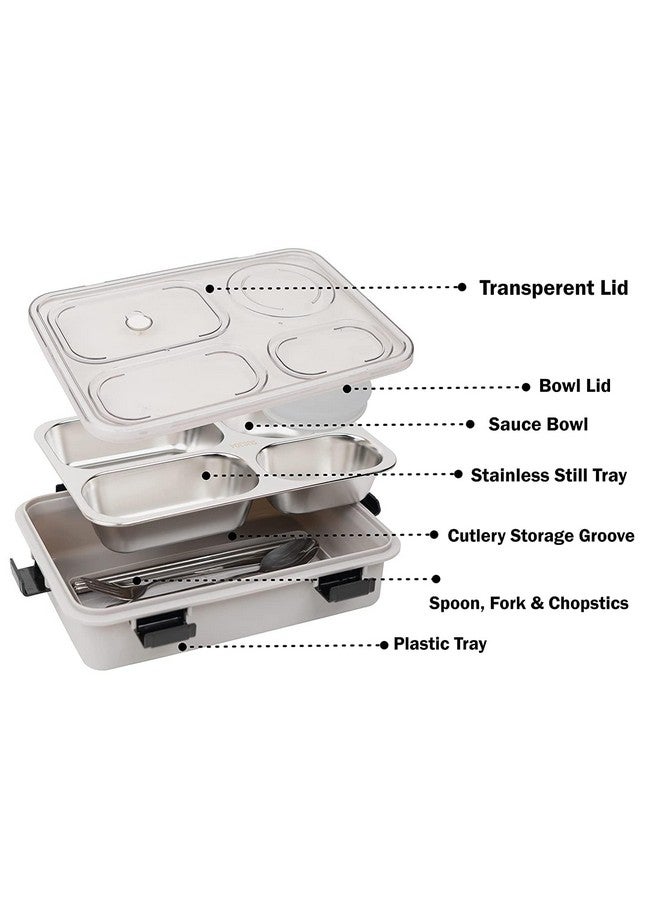PRIME DEALS Lunch Box Sealed Leakage Proof Stainless Steel Lunch Box with Fork Chopstick&Spoon Lid Office Food Container for School Kids and Adults 750ml (Grey, 4 Compartment) - Image 2