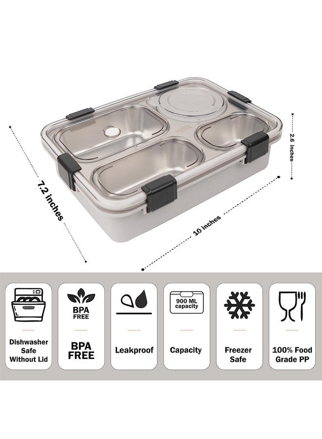 PRIME DEALS Lunch Box Sealed Leakage Proof Stainless Steel Lunch Box with Fork Chopstick&Spoon Lid Office Food Container for School Kids and Adults 750ml (Grey, 4 Compartment) - Image 3