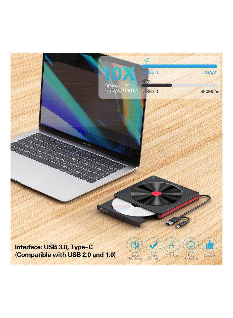 External DVD Drive USB 3.0 Type-C CD Burner, Portable CD DVD +/-RW Drive DVD Player USB 3.0 CD DVD RW Burner for All Version Laptop Desktop PC Windows 11/10/8/7/XP Apple Macbook Mac OS Linux - Image 4