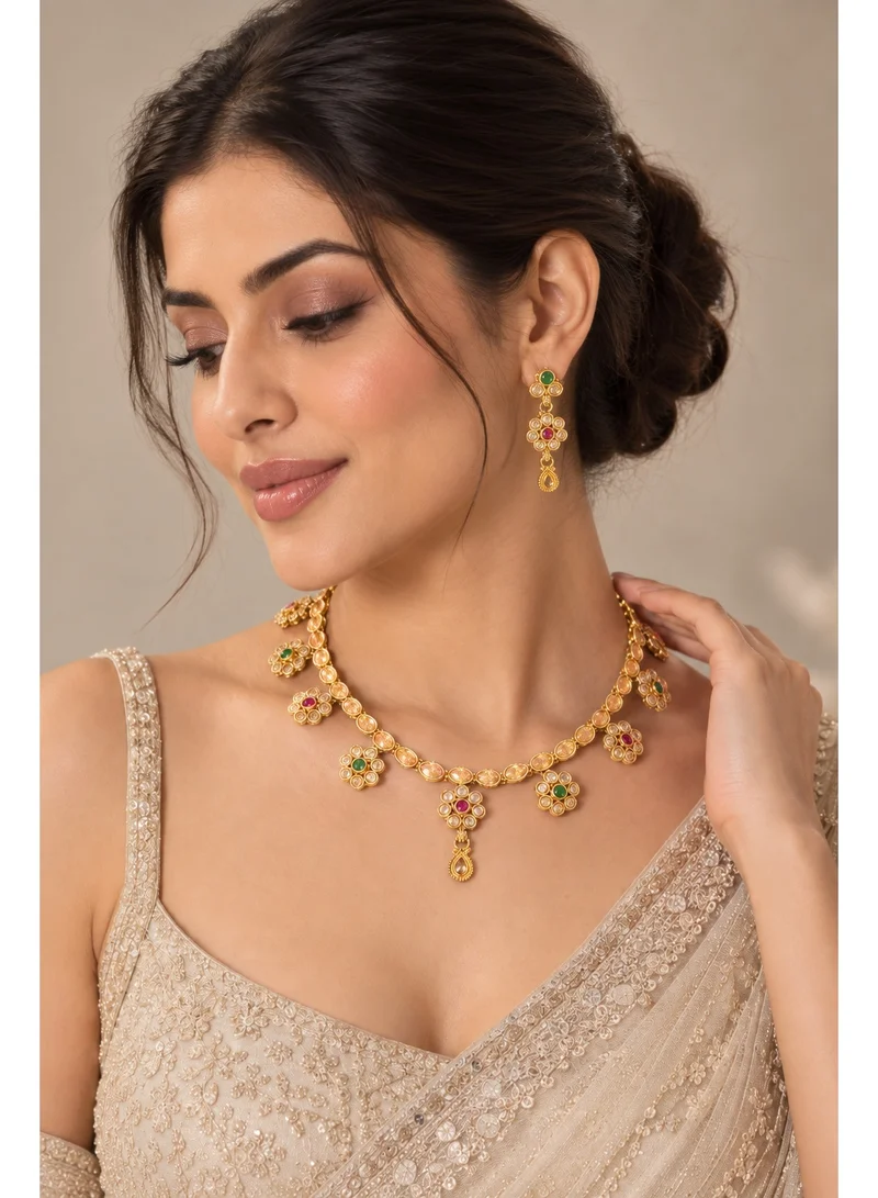 Lehar Kundan Flower Charm Necklace Set - Gold Tone Indian Festive Jewelry
