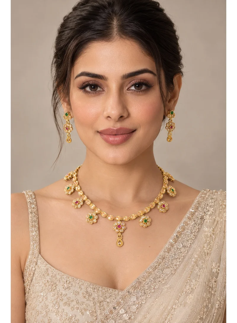 Lehar Kundan Flower Charm Necklace Set - Gold Tone Indian Festive Jewelry